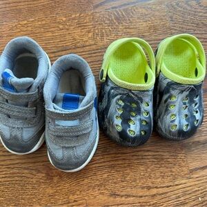2 pairs boys 6 shoes - Gray and Blue Sneakers and Green Off Brand Crocs